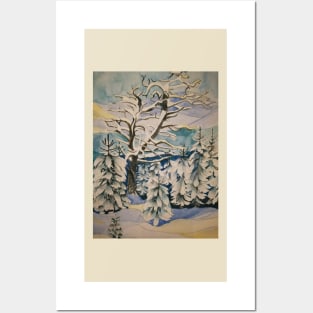 A winter snowscene with trees and mountains in watercolour. Posters and Art